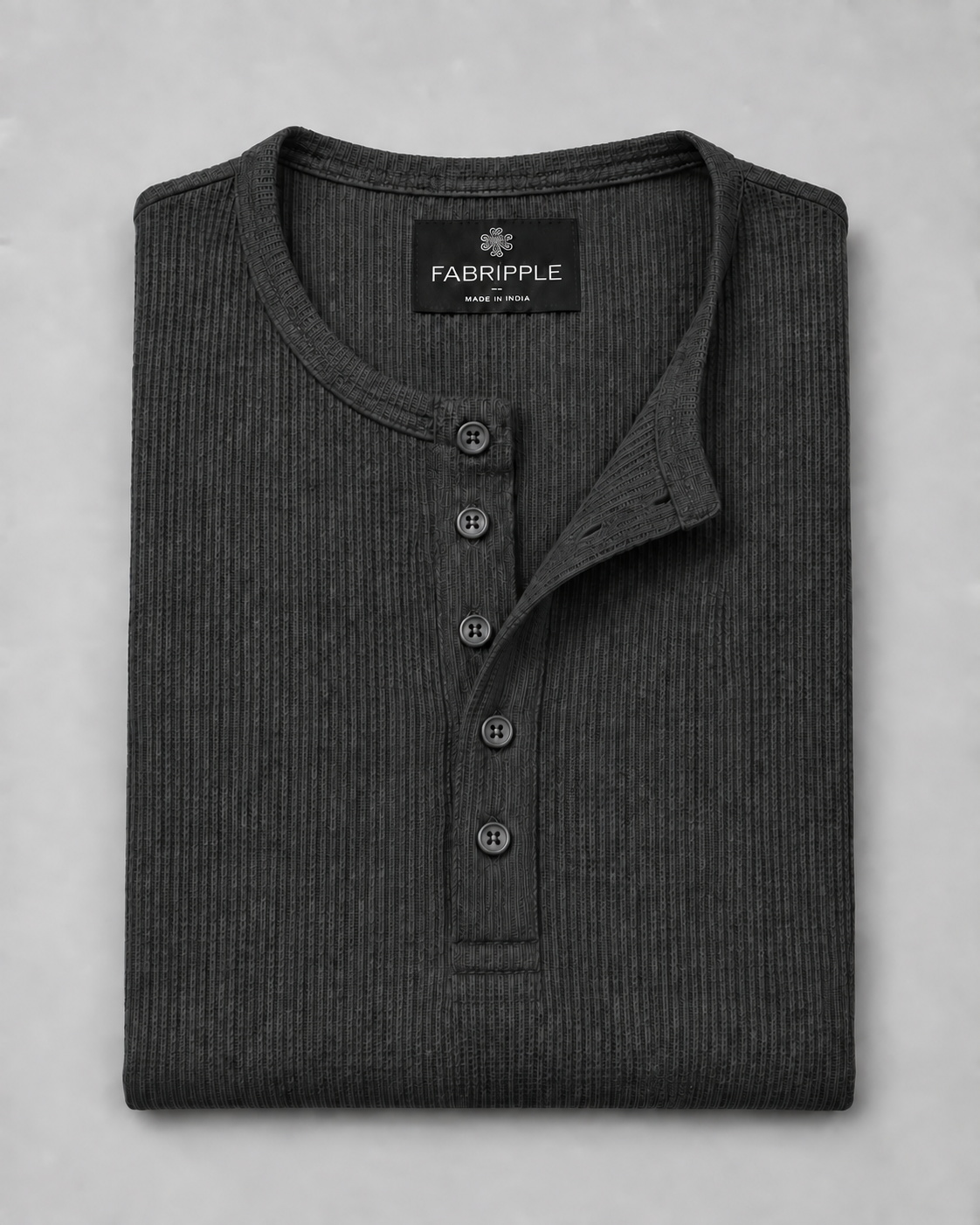 Men’s Textured Henley Full Sleeve Dark Grey T-Shirt