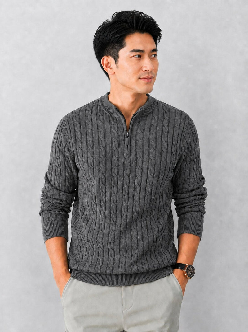 Men’s Dark Grey Cable Knit Half Zip Sweater