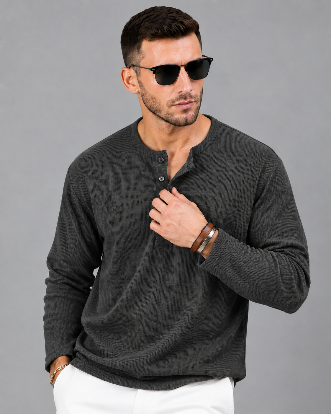 Men’s Textured Henley Full Sleeve Dark Grey T-Shirt
