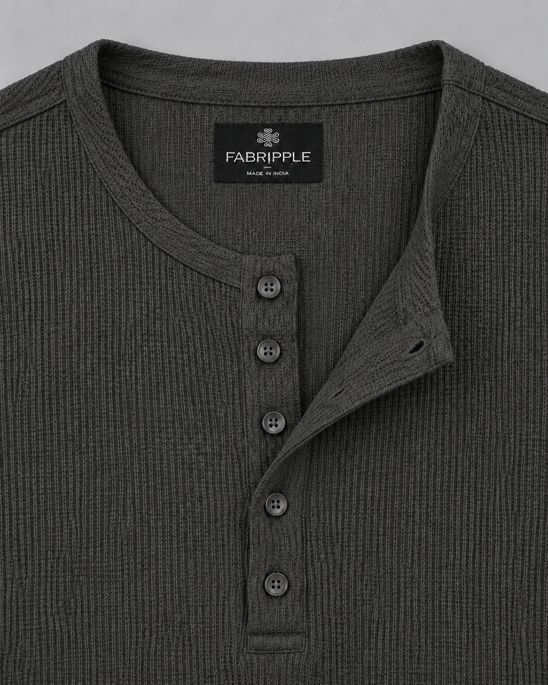 Men’s Textured Henley Full Sleeve Dark Grey T-Shirt