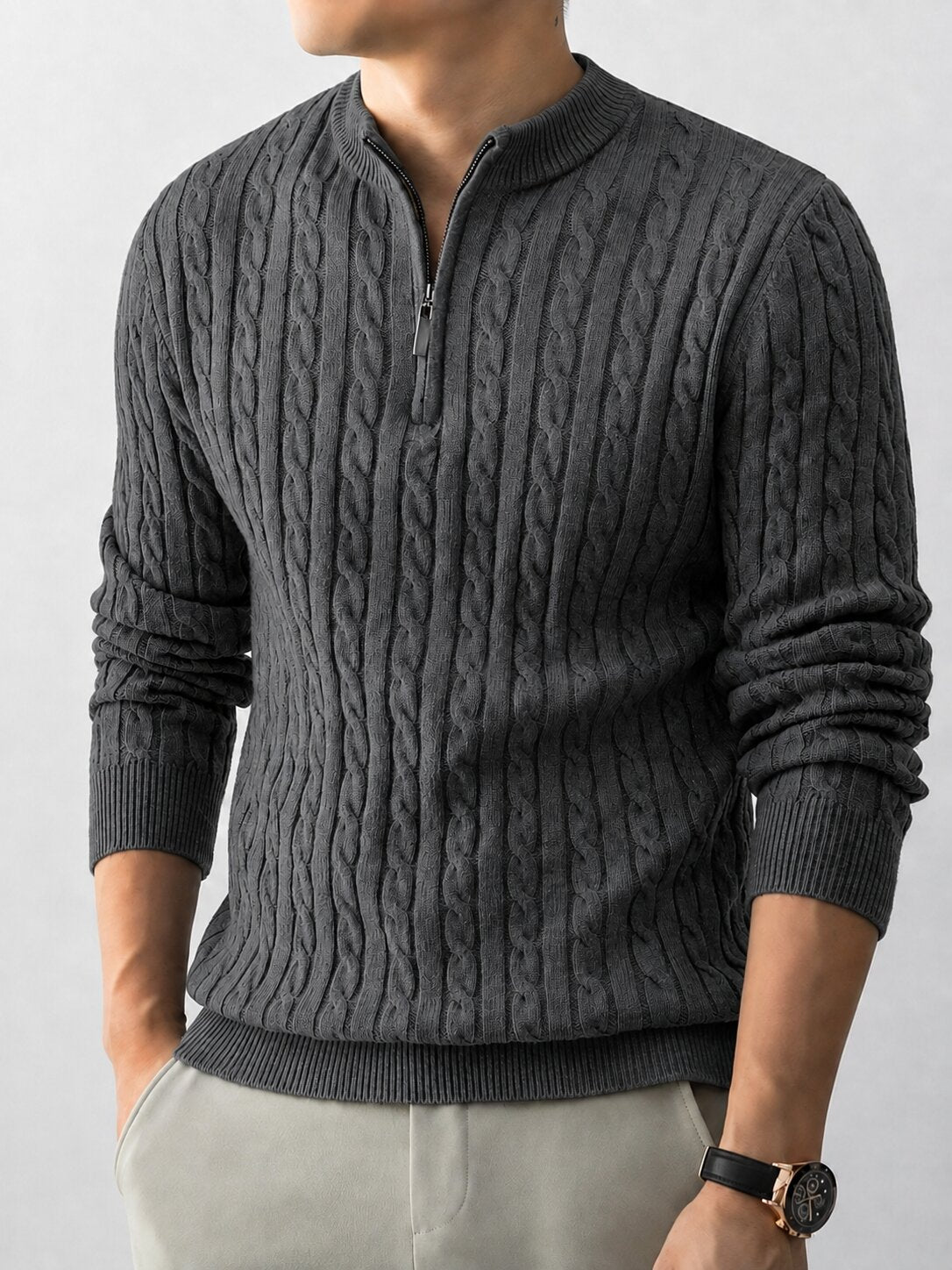 Men’s Dark Grey Cable Knit Half Zip Sweater