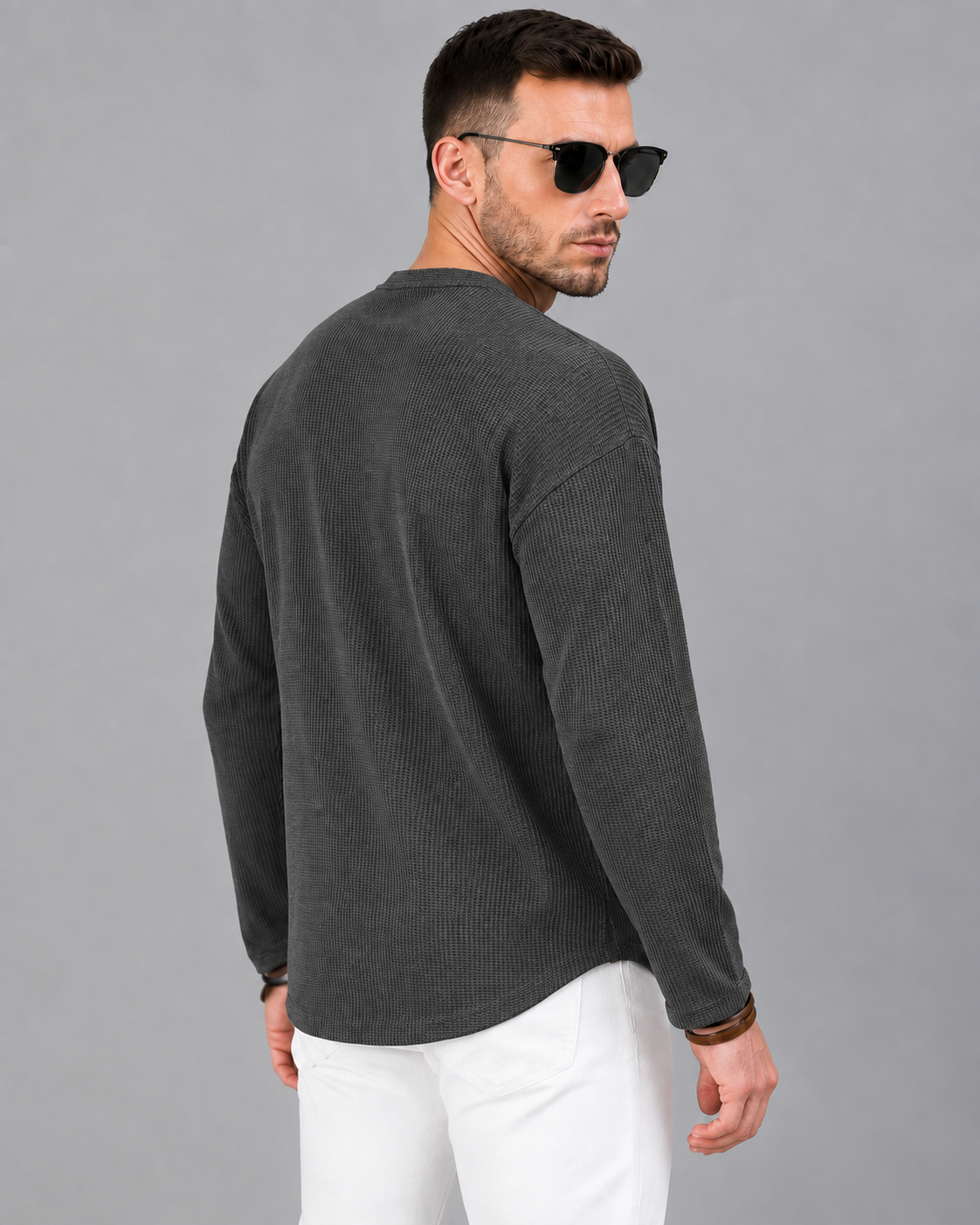 Men’s Textured Henley Full Sleeve Dark Grey T-Shirt
