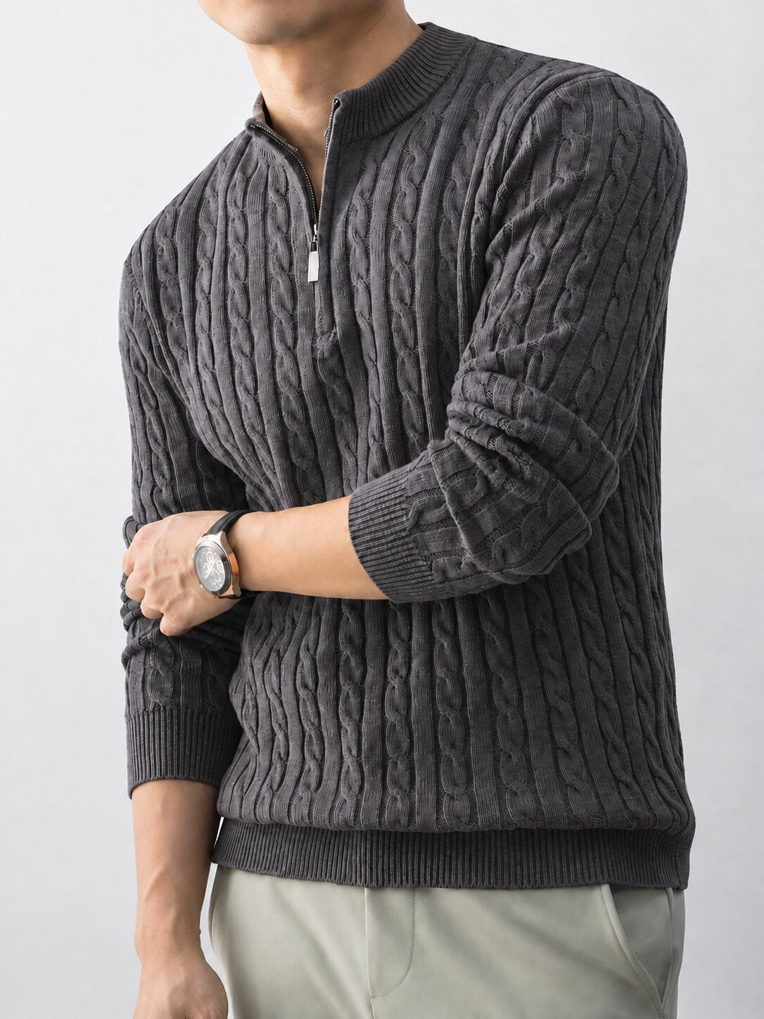 Men’s Dark Grey Cable Knit Half Zip Sweater