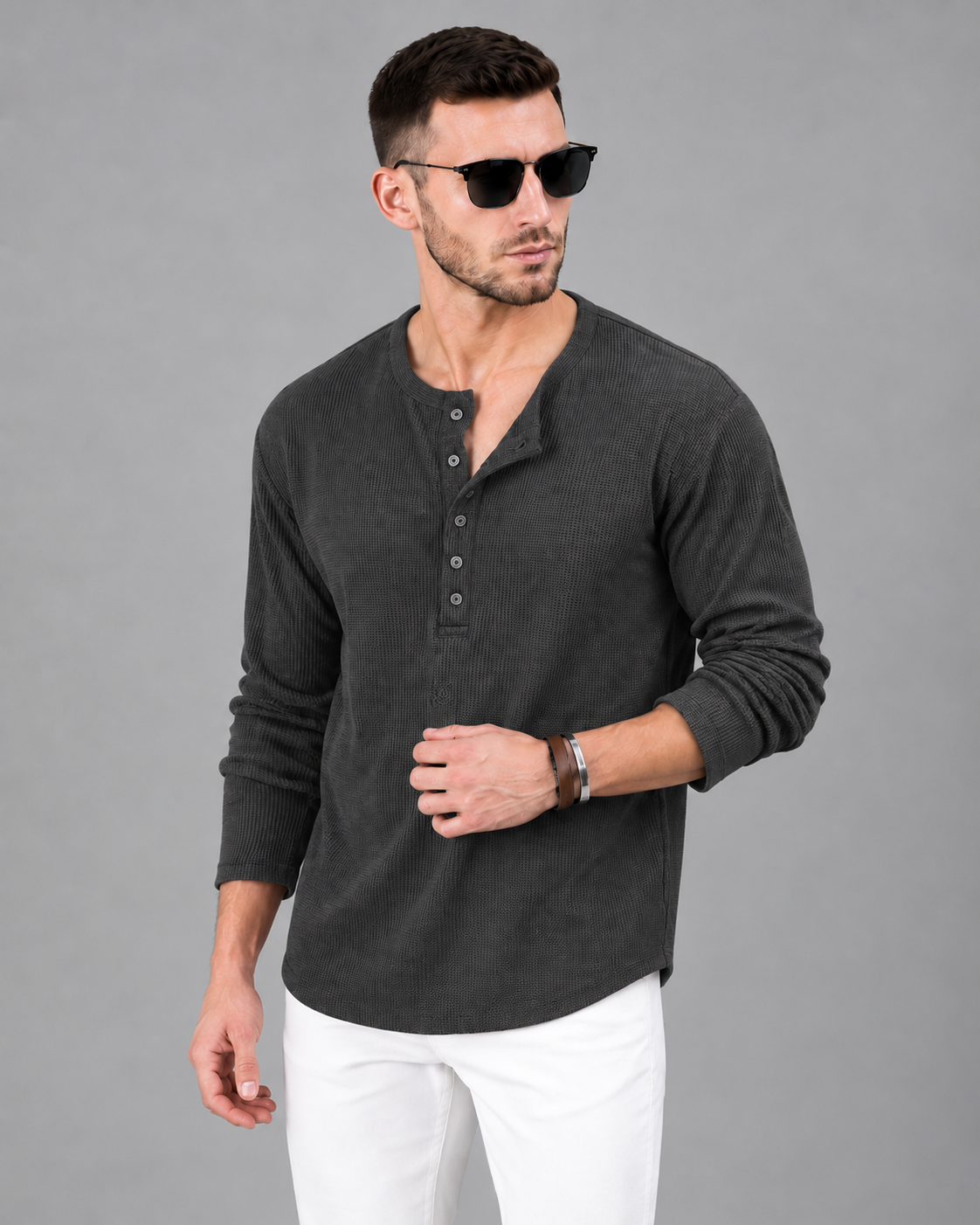 Men’s Textured Henley Full Sleeve Dark Grey T-Shirt