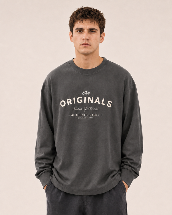 Men's Dark Grey Printed Oversized Full Sleeve T-Shirt