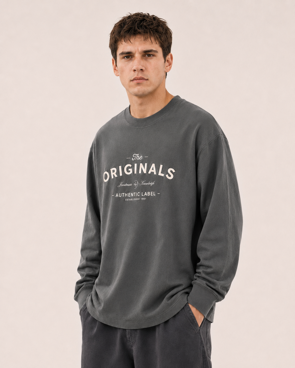 Men's Dark Grey Printed Oversized Full Sleeve T-Shirt