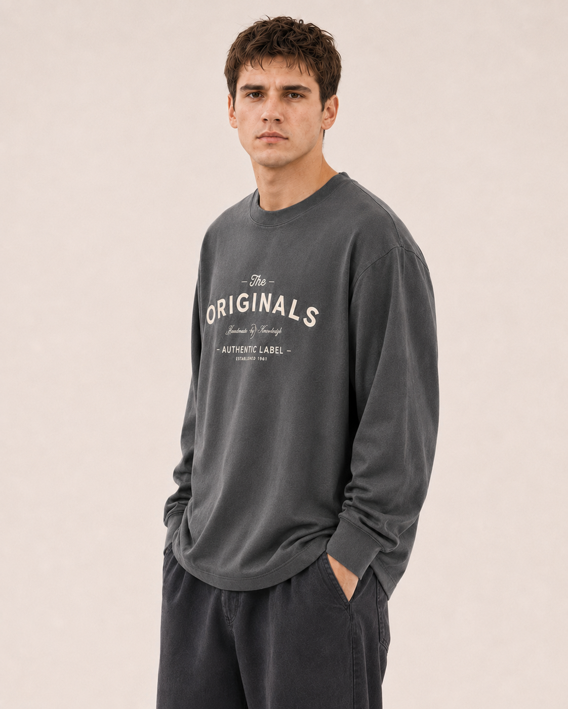 Men's Dark Grey Printed Oversized Full Sleeve T-Shirt
