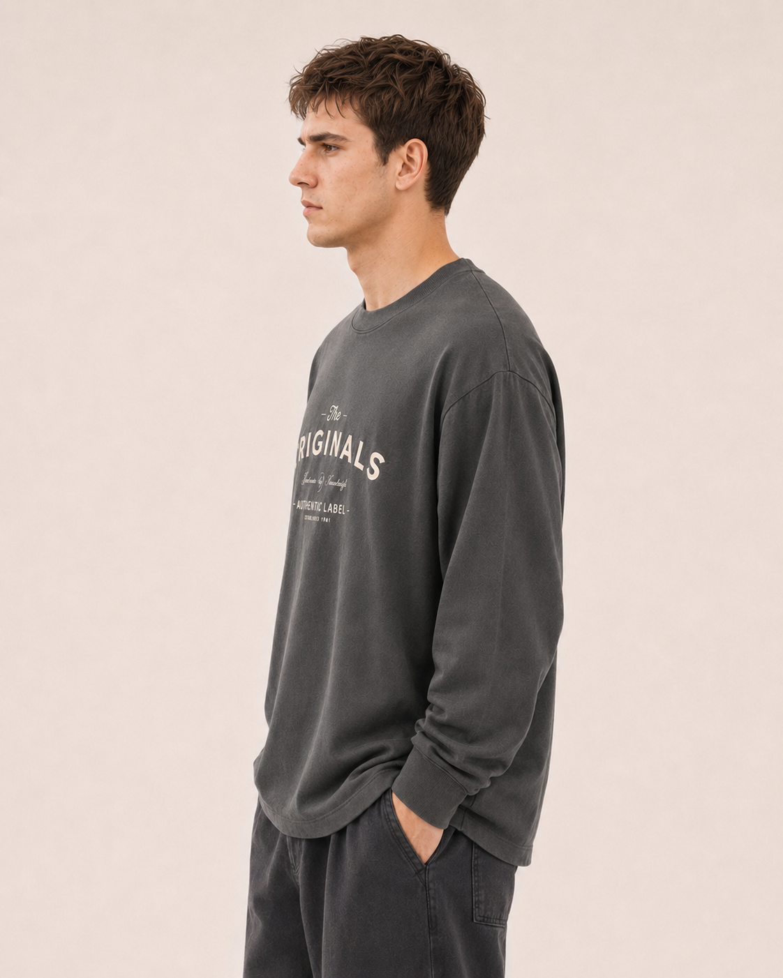 Men's Dark Grey Printed Oversized Full Sleeve T-Shirt