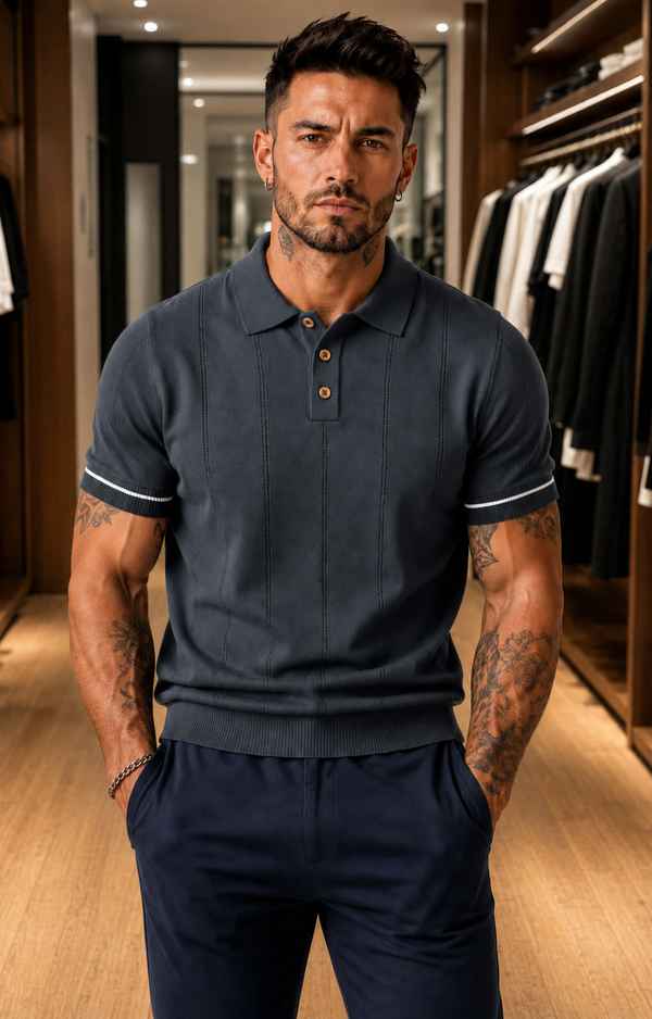 Men's Dark Grey Textured Knitted Polo T-Shirt
