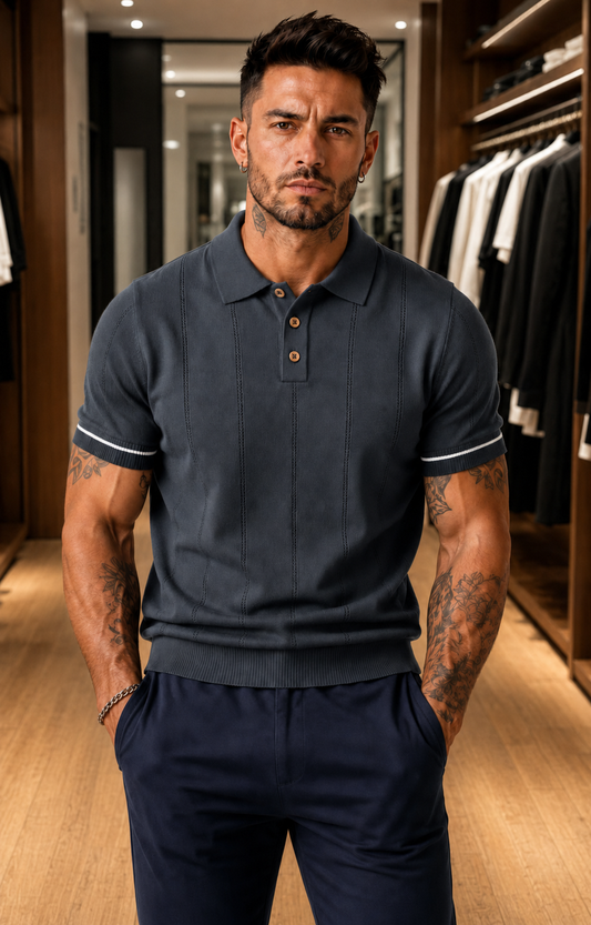 Men's Dark Grey Textured Knitted Polo T-Shirt