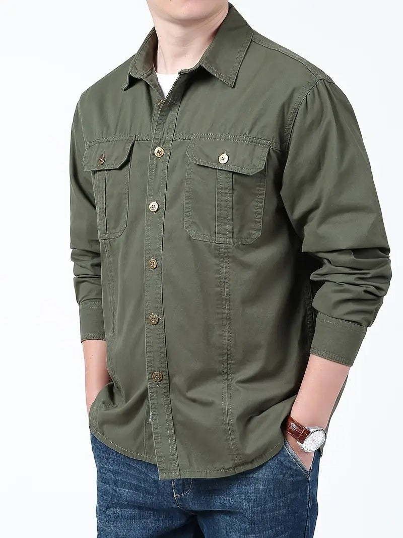 Men’s Cargo Jacket Shirt | 100% Cotton | 2 Pocket Utility Overshirt | Casual & Outdoor Wear | Breathable & Lightweight Fabric