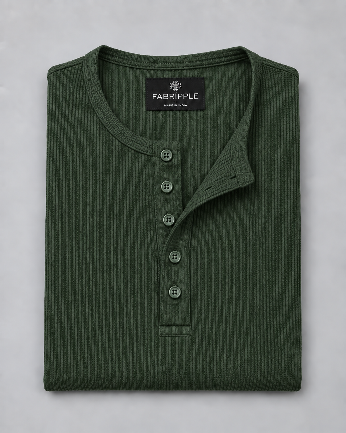 Men’s Textured Henley Full Sleeve Green T-Shirt