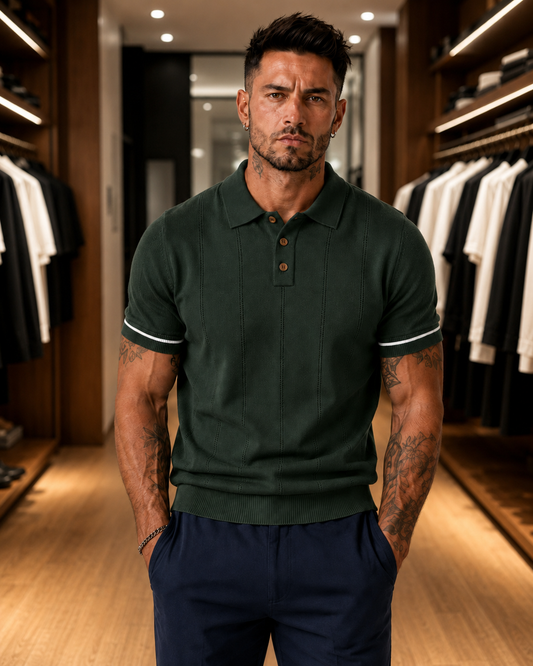 FABRIPPLE Men's Green Textured Knitted Polo T-Shirt