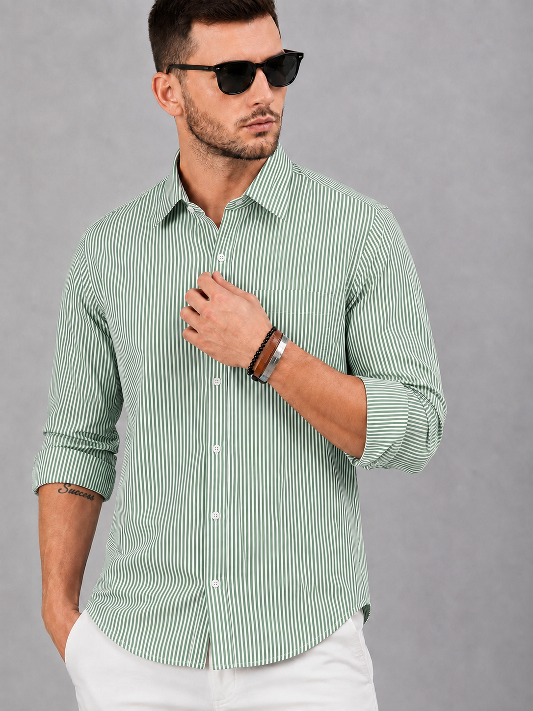 Men’s Grey & White Vertical Striped Full Sleeve Casual Shirt