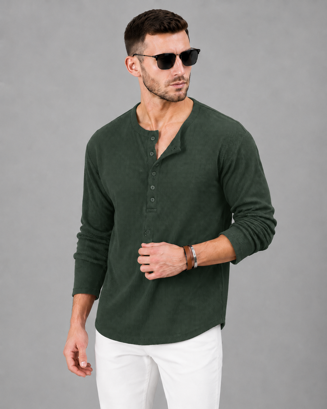 Men’s Textured Henley Full Sleeve Green T-Shirt