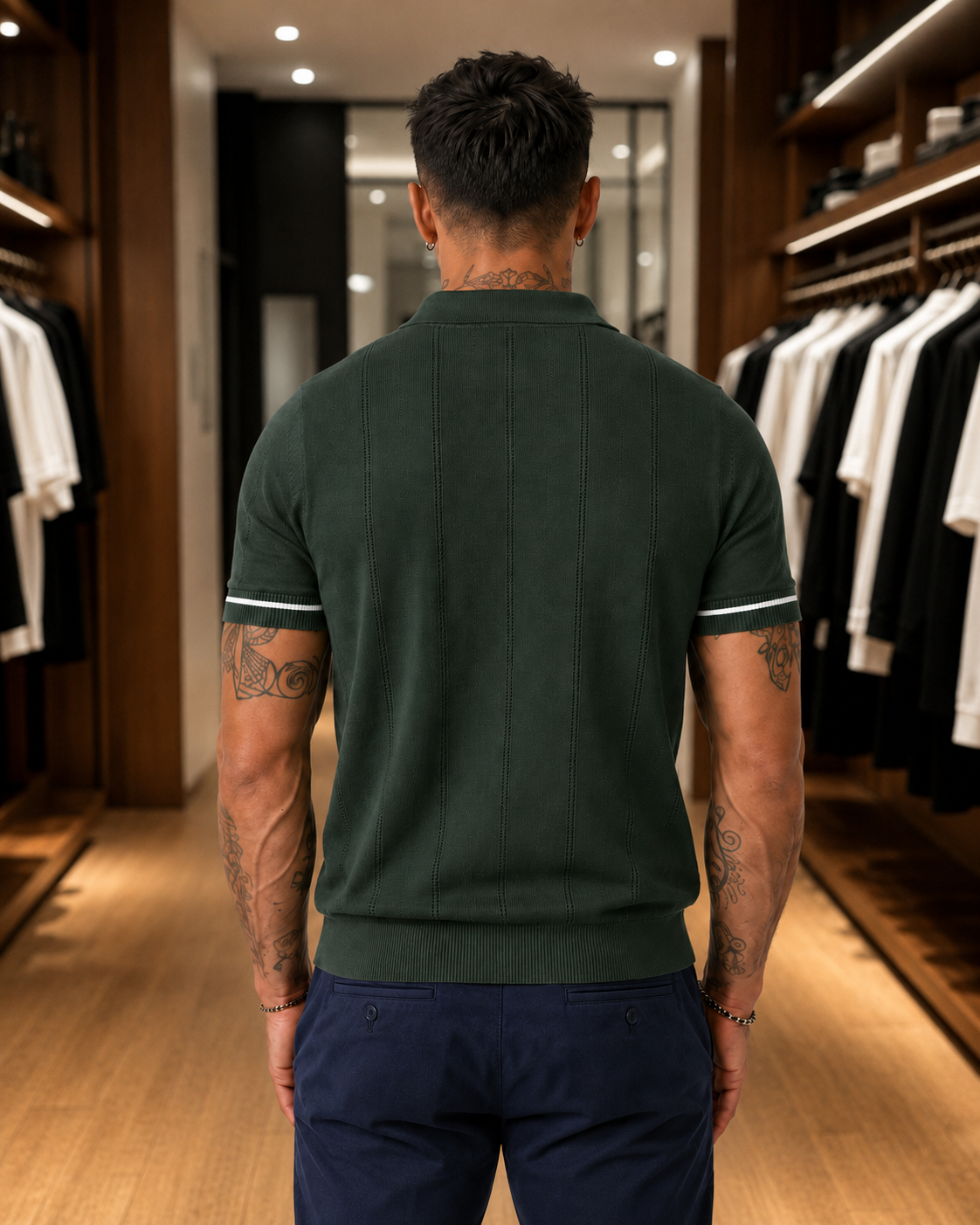 FABRIPPLE Men's Green Textured Knitted Polo T-Shirt