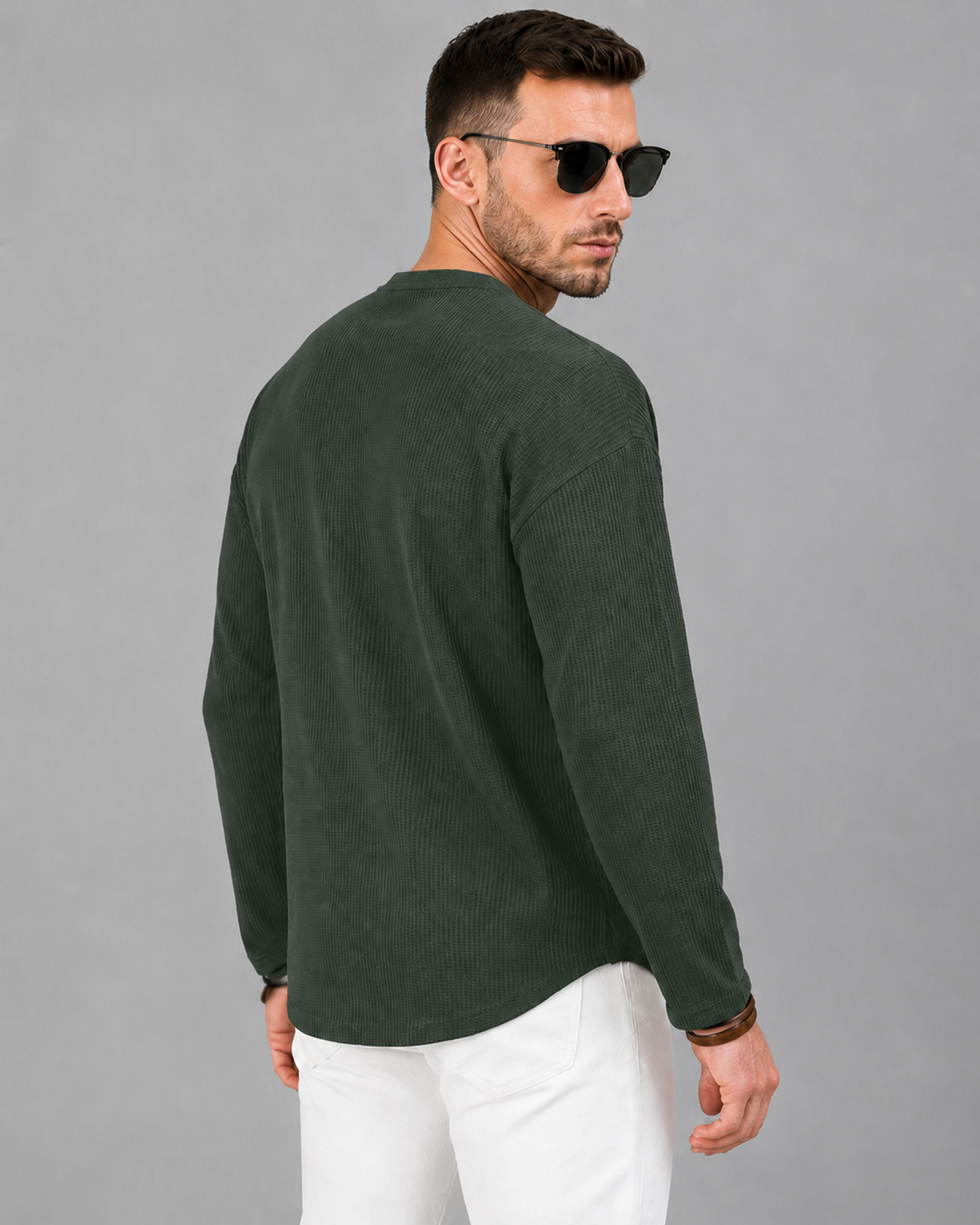 Men’s Textured Henley Full Sleeve Green T-Shirt