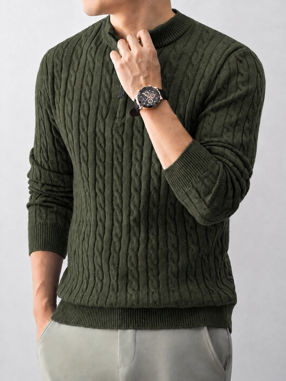 Men’s Green Cable Knit Half Zip Sweater
