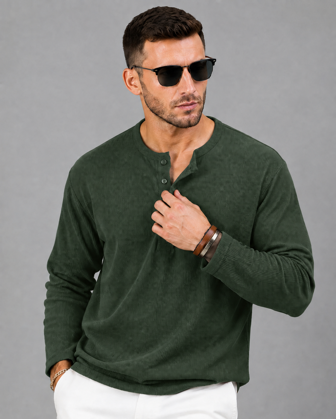 Men’s Textured Henley Full Sleeve Green T-Shirt