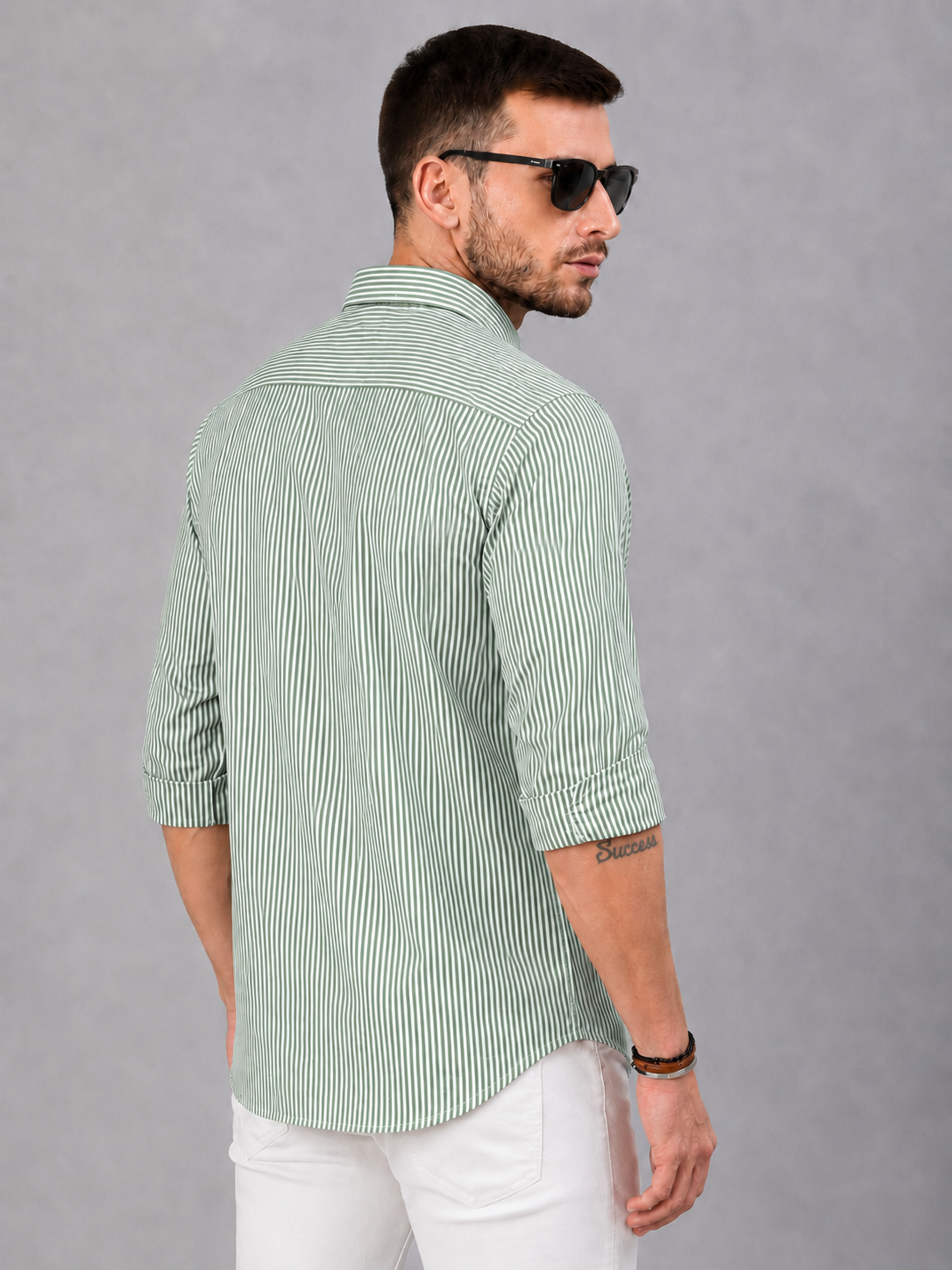 Men’s Green & White Vertical Striped Full Sleeve Casual Shirt