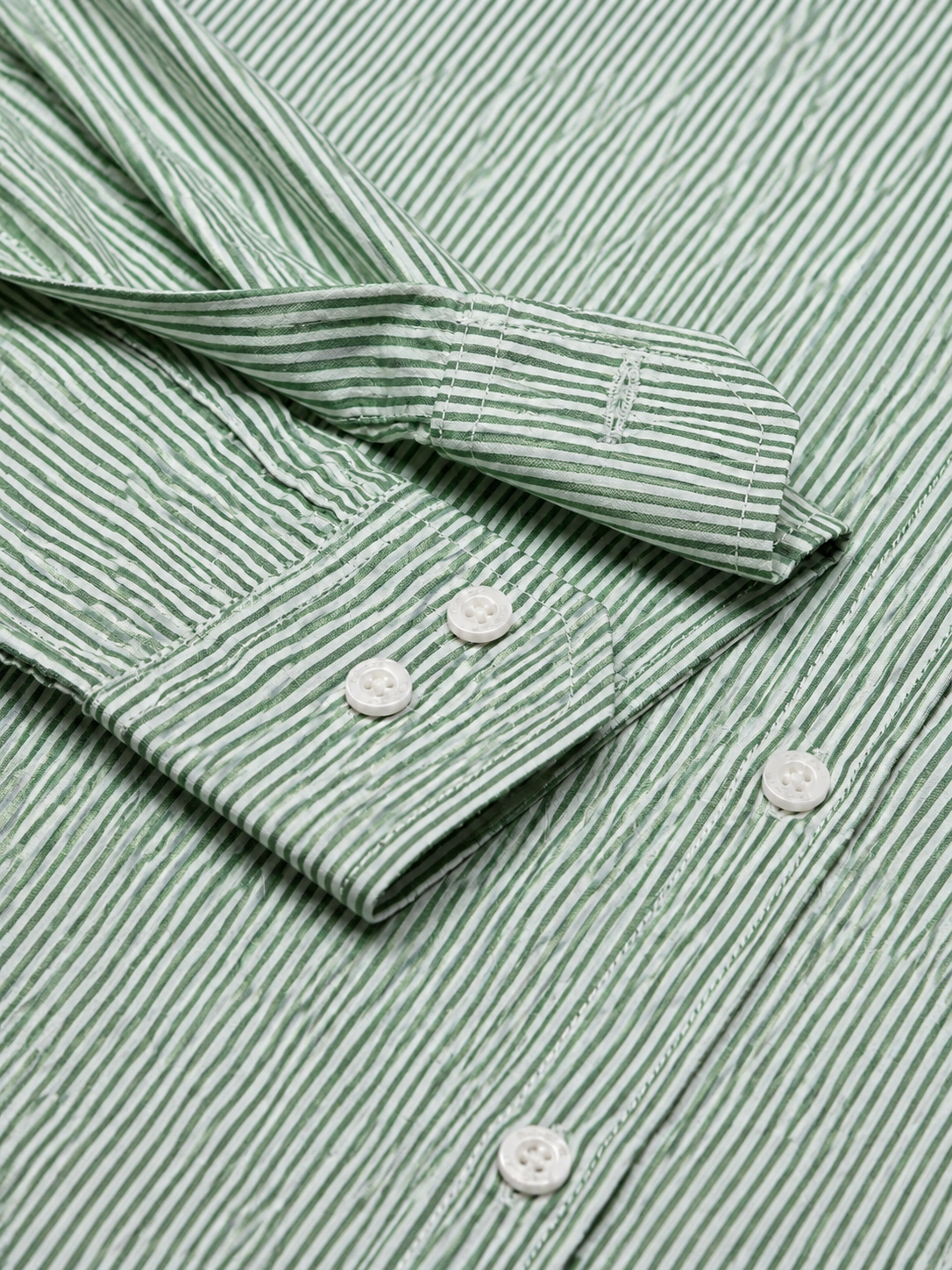 Men’s Green & White Vertical Striped Full Sleeve Casual Shirt