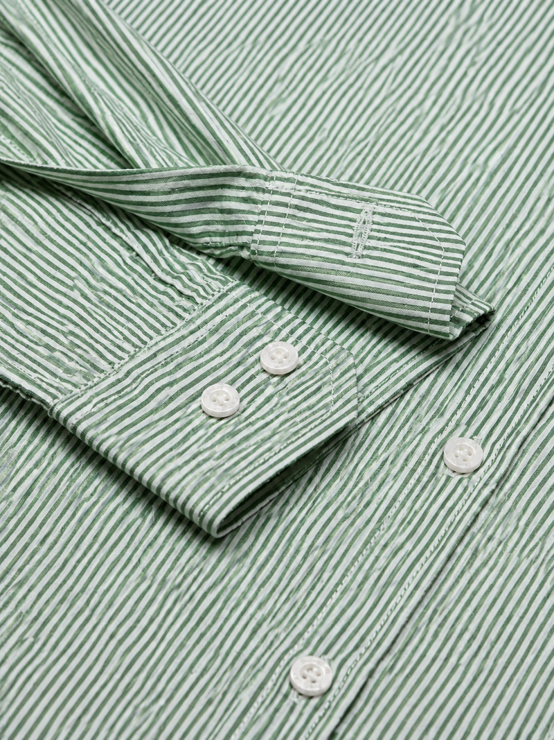 Men’s Green & White Vertical Striped Full Sleeve Casual Shirt