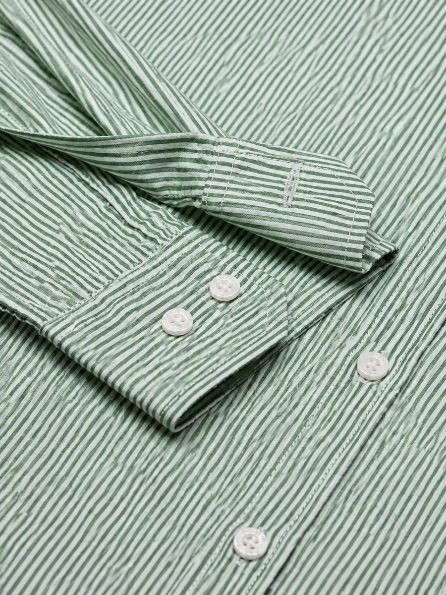 Men’s Green & White Vertical Striped Full Sleeve Casual Shirt
