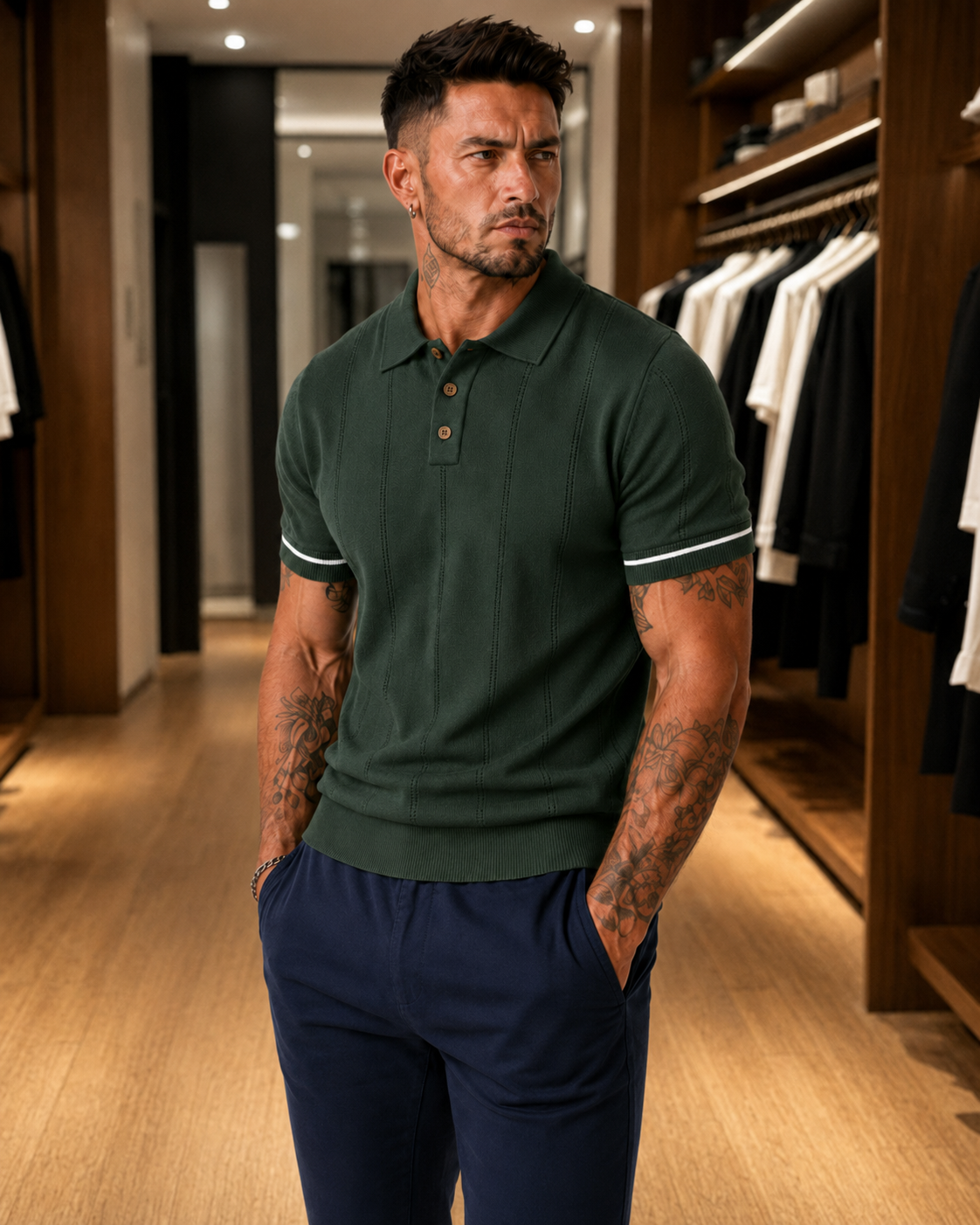 FABRIPPLE Men's Green Textured Knitted Polo T-Shirt