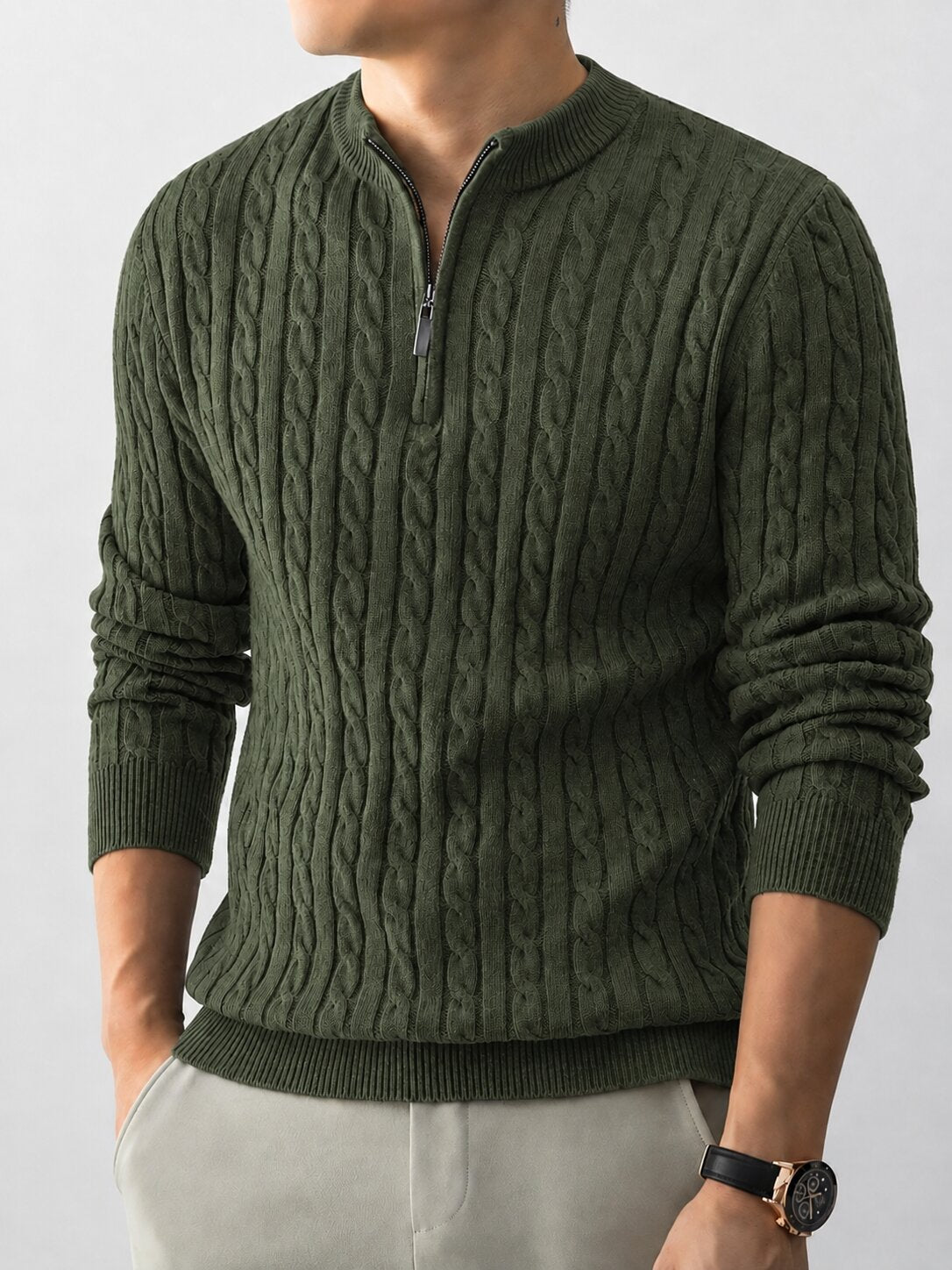 Men’s Green Cable Knit Half Zip Sweater