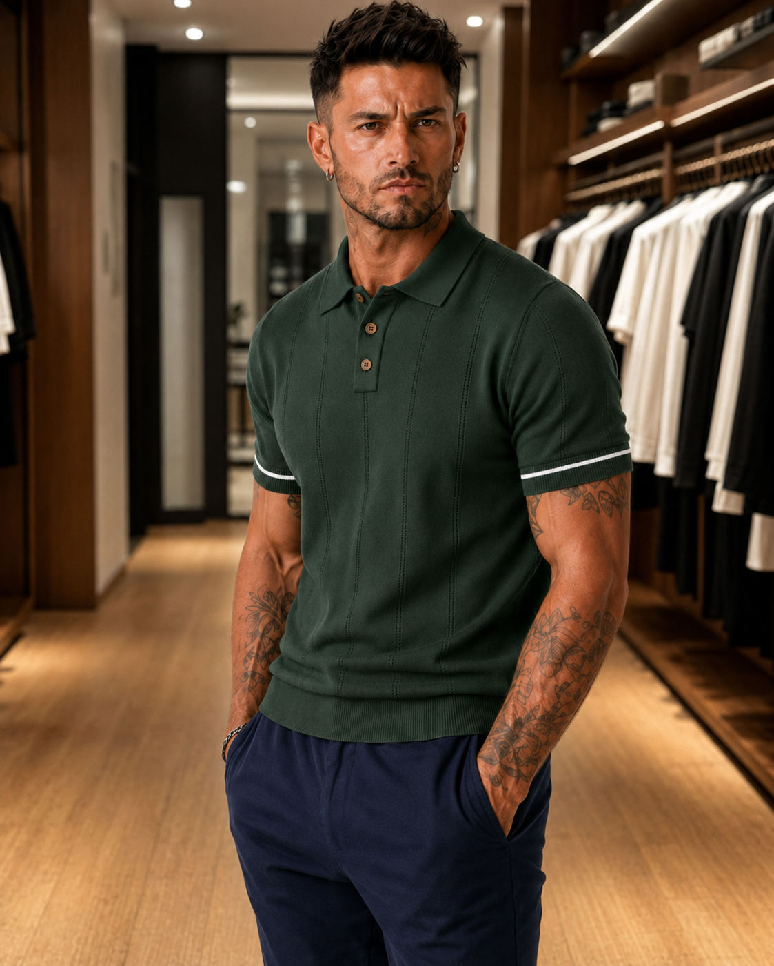 FABRIPPLE Men's Green Textured Knitted Polo T-Shirt