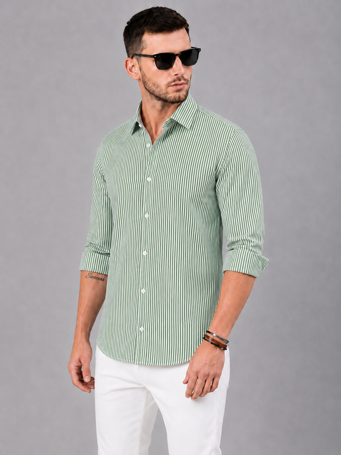 Men’s Green & White Vertical Striped Full Sleeve Casual Shirt
