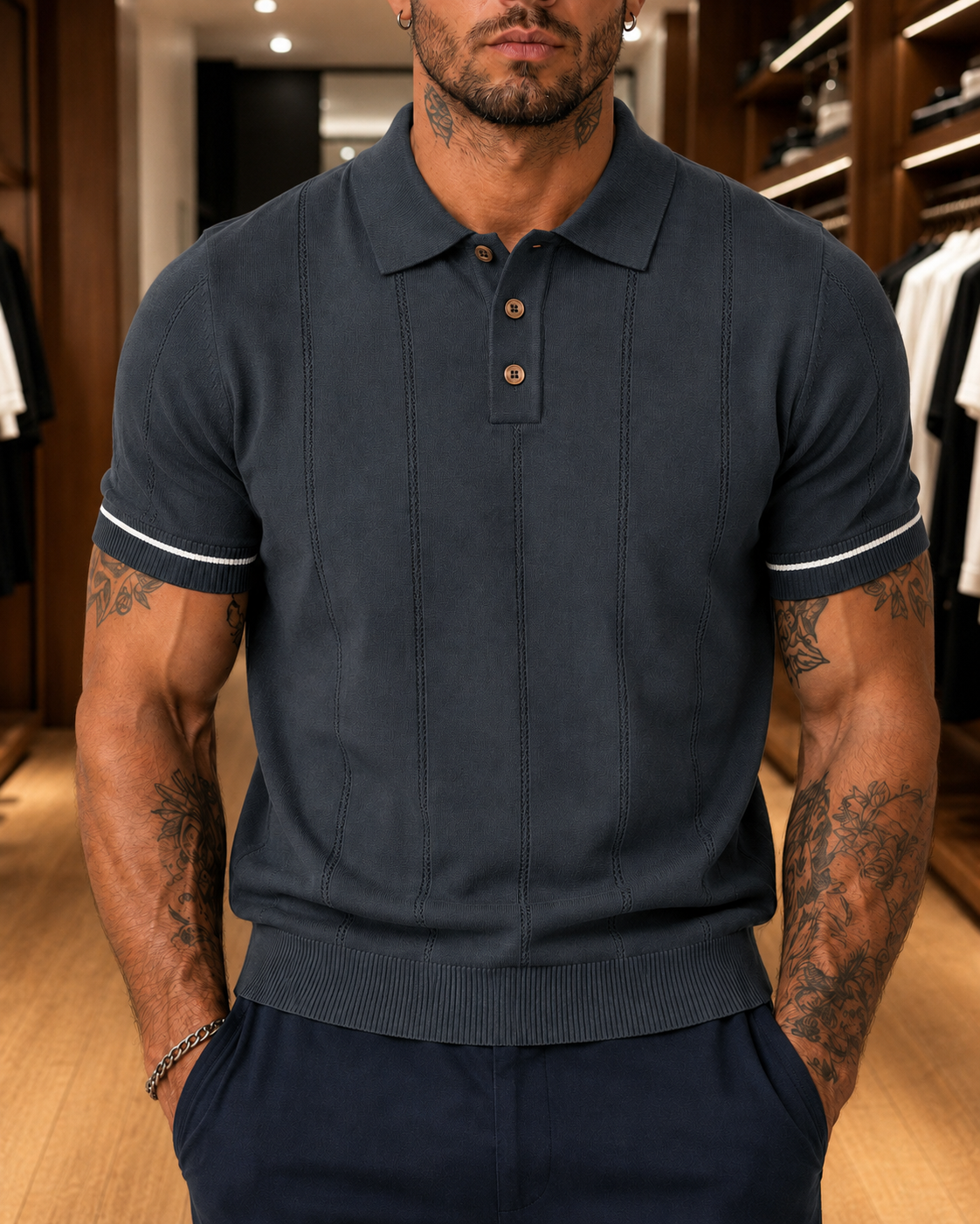 Men's Dark Grey Textured Knitted Polo T-Shirt