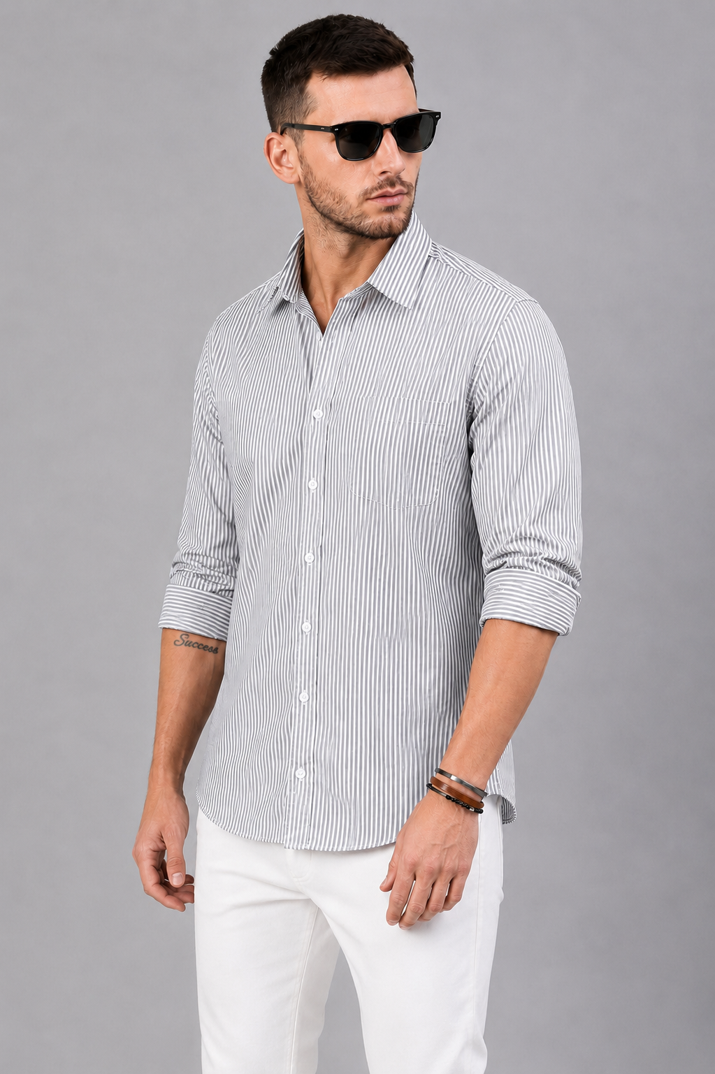 Men’s Grey & White Vertical Striped Full Sleeve Casual Shirt