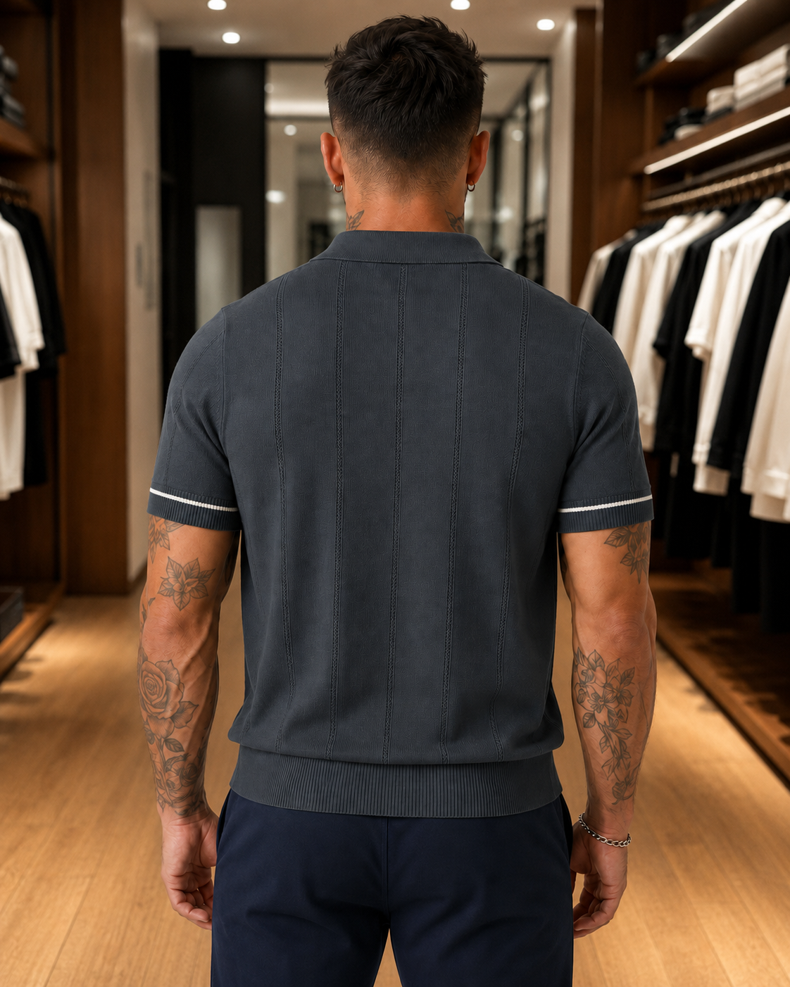 Men's Dark Grey Textured Knitted Polo T-Shirt