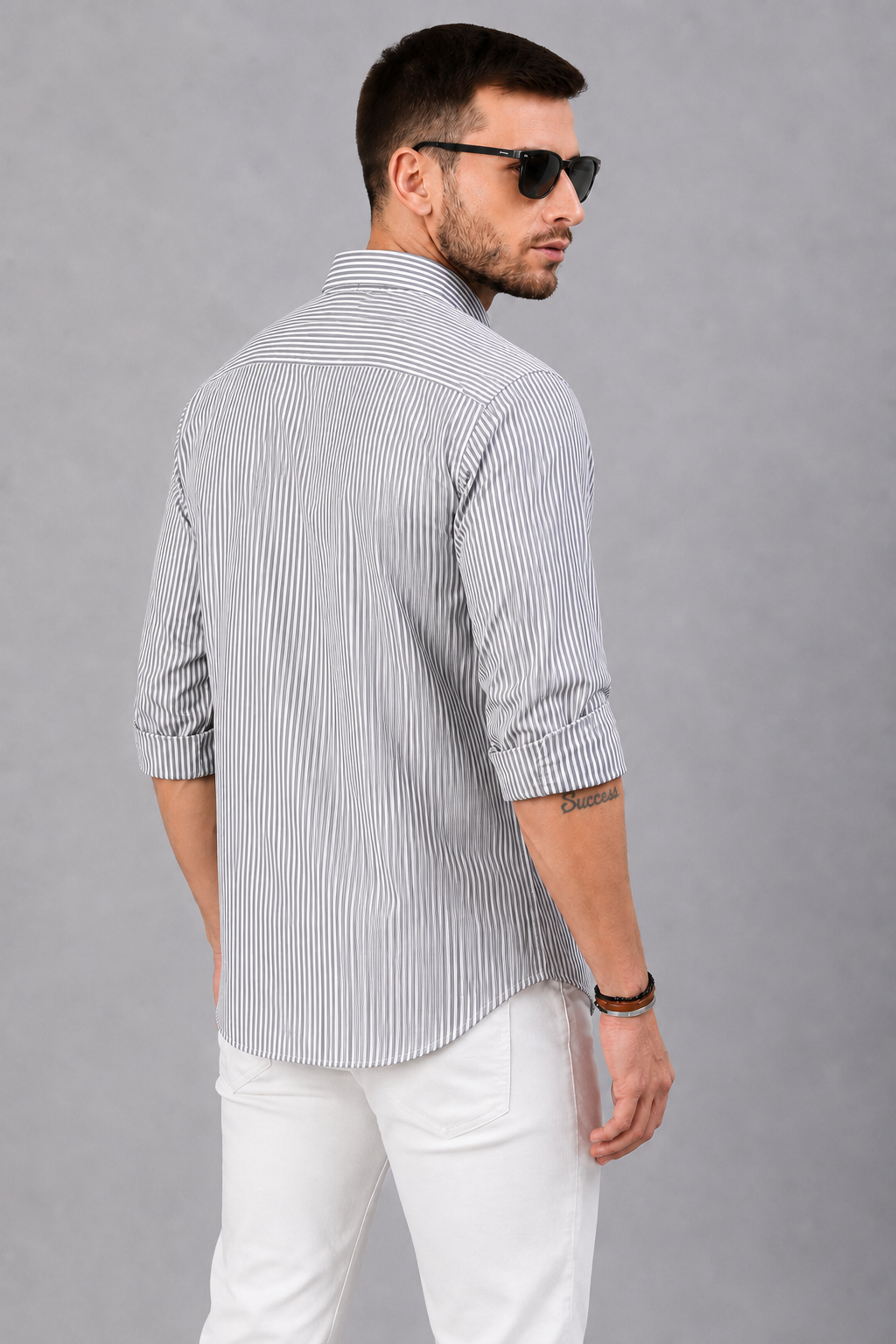 Men’s Grey & White Vertical Striped Full Sleeve Casual Shirt