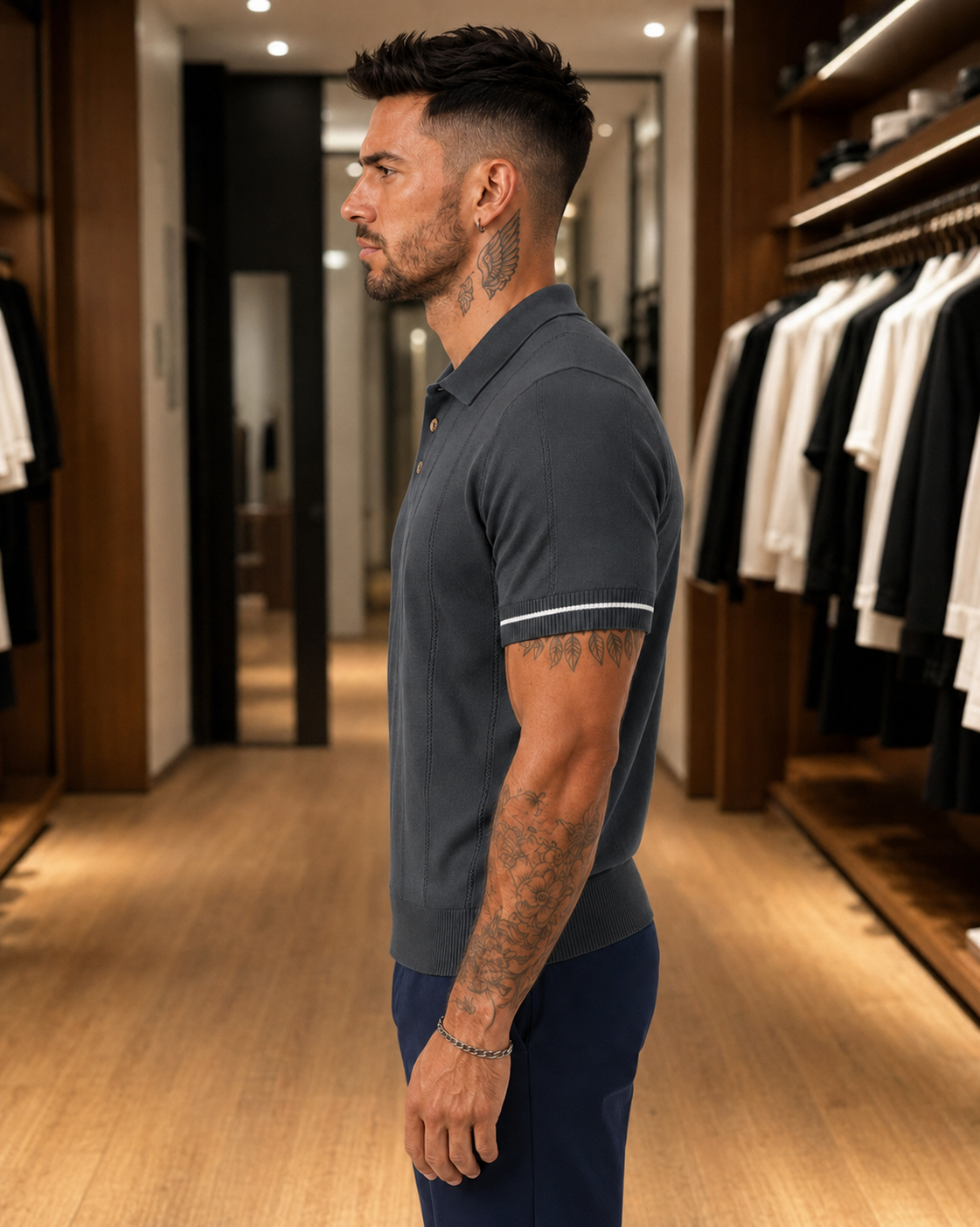 Men's Dark Grey Textured Knitted Polo T-Shirt