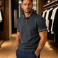 Men's Dark Grey Textured Knitted Polo T-Shirt