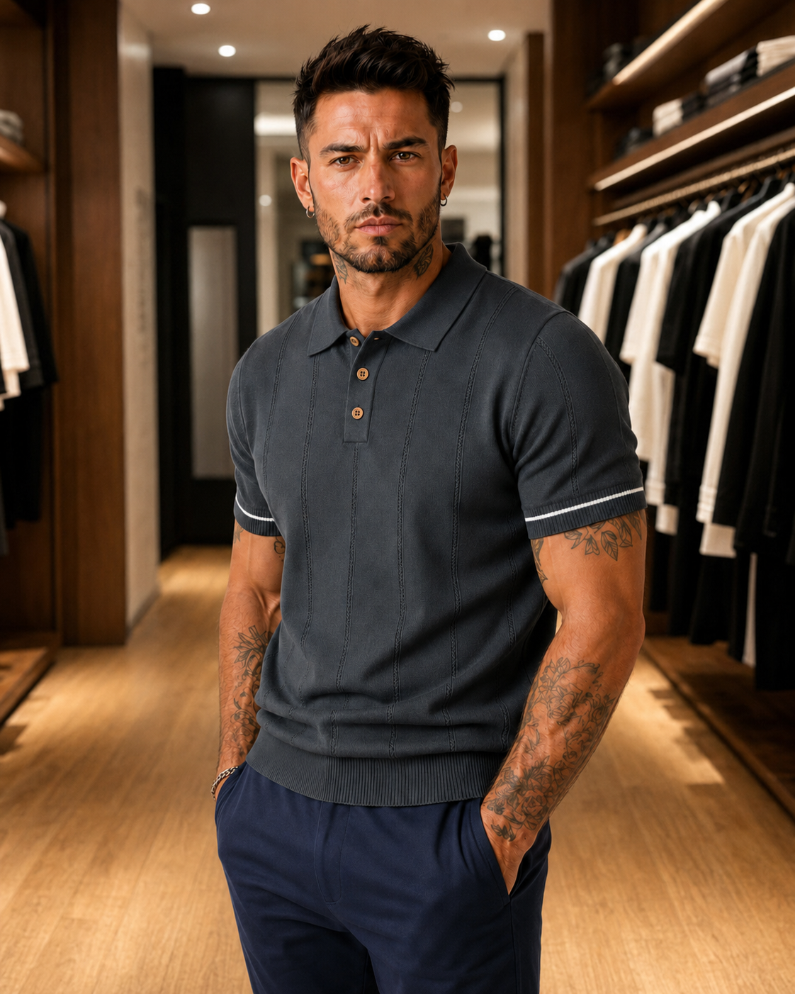 Men's Dark Grey Textured Knitted Polo T-Shirt