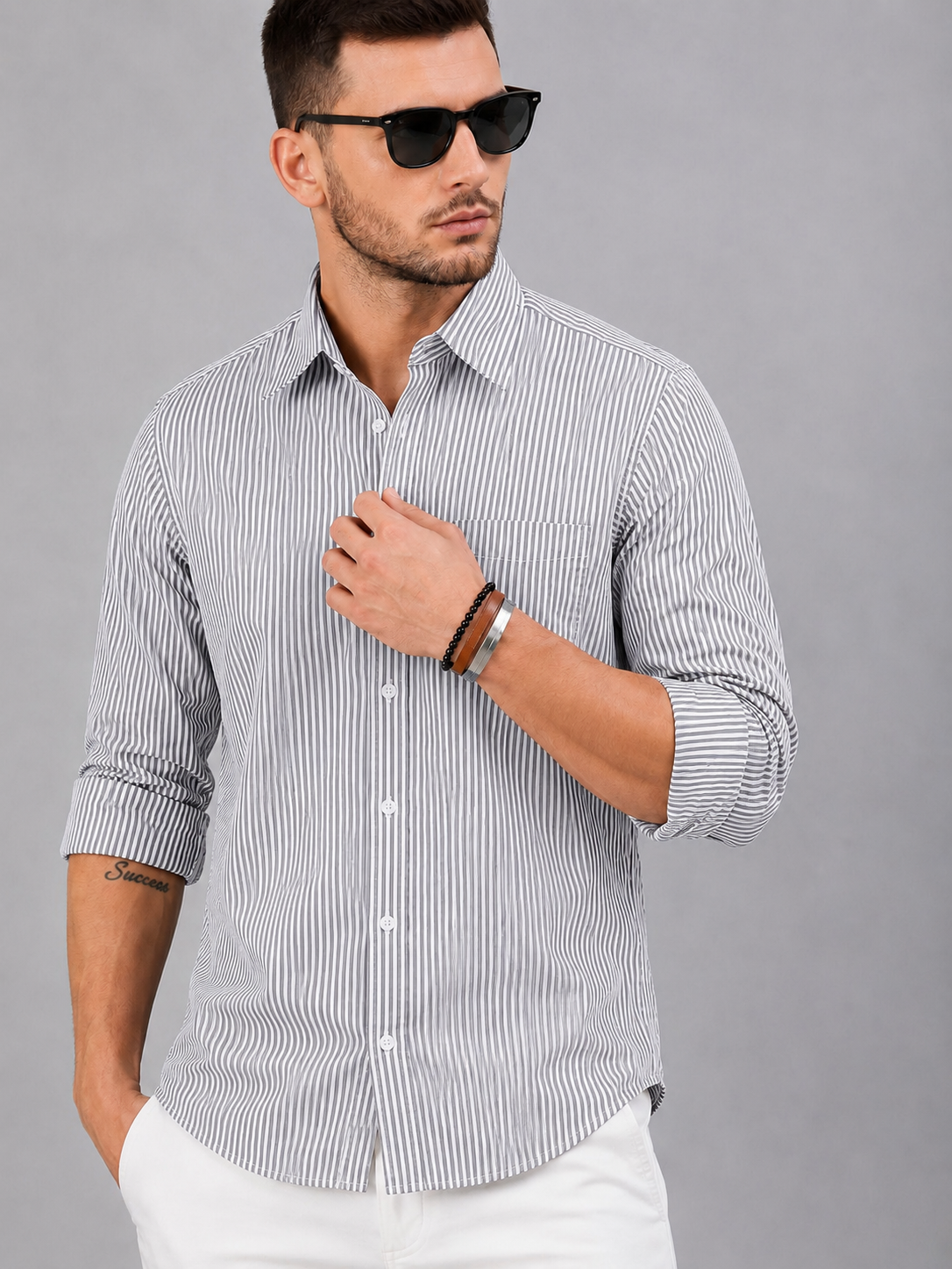 Men’s Grey & White Vertical Striped Full Sleeve Casual Shirt