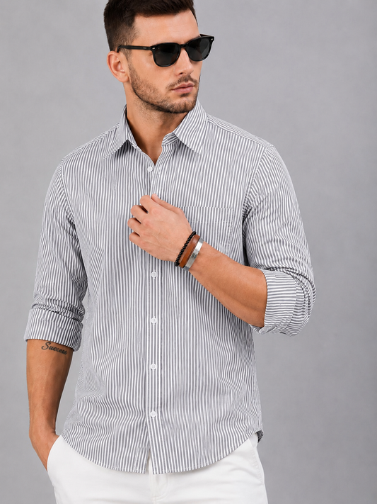 Men’s Grey & White Vertical Striped Full Sleeve Casual Shirt