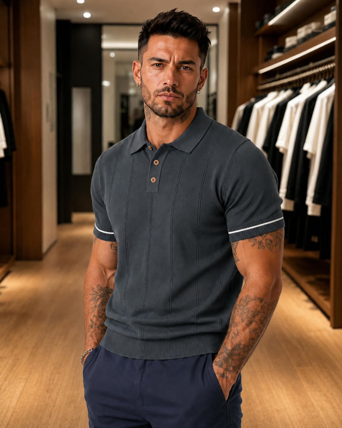 Men's Dark Grey Textured Knitted Polo T-Shirt