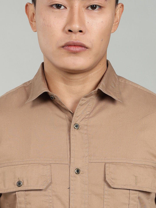 Men’s Khaki Utility Casual Shirt – Premium Full Sleeve Cotton Blend Shirt