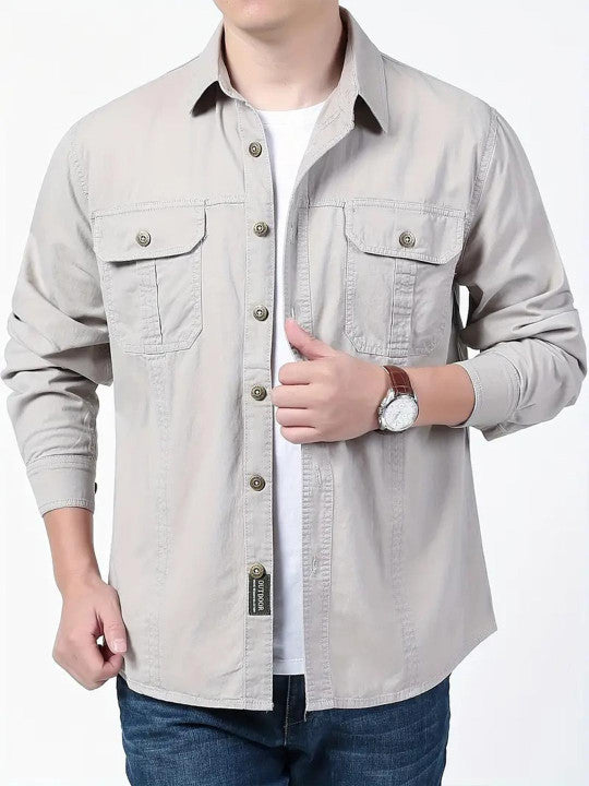 Men’s Light Grey Utility Casual Shirt – Premium Relaxed Fit Overshirt