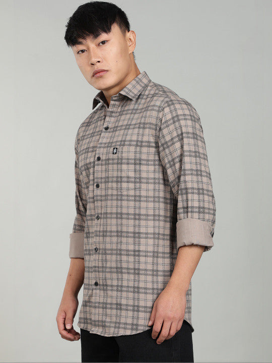 Men’s Beige Checked Casual Shirt – Premium Plaid Full Sleeve Shirt