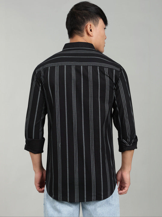 Men’s Black Vertical Striped Casual Shirt – Premium Full Sleeve Stripe Shirt