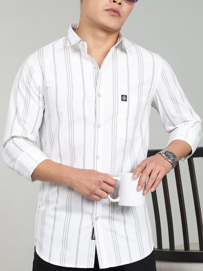 Men’s White Vertical Striped Casual Shirt – Premium Full Sleeve Stripe Shirt