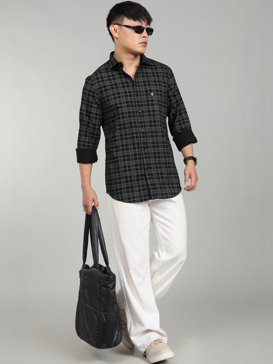 Men’s Elegant Black Checked Casual Shirt – Premium Plaid Full Sleeve Shirt