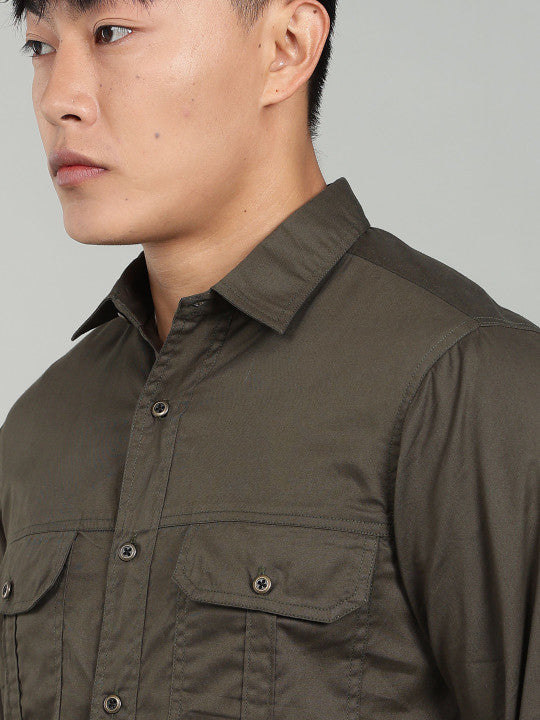 Men’s Green Utility Casual Shirt – Premium Full Sleeve Solid Shirt