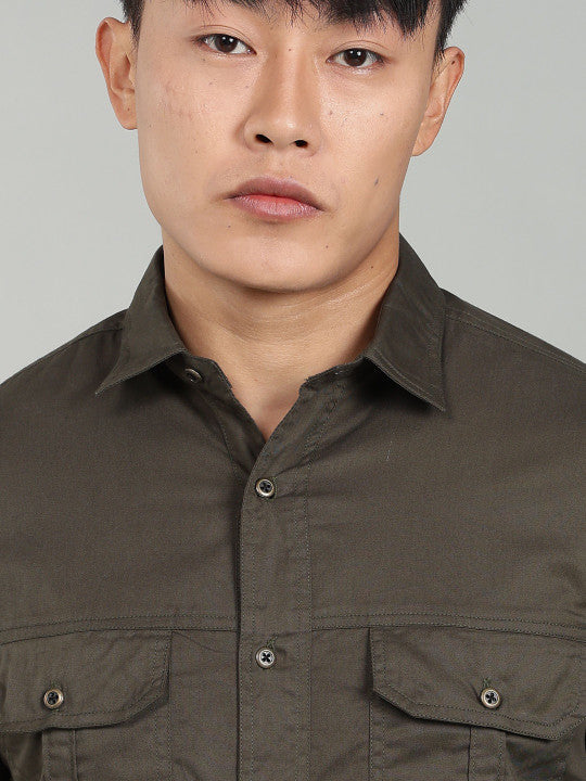 Men’s Green Utility Casual Shirt – Premium Full Sleeve Solid Shirt