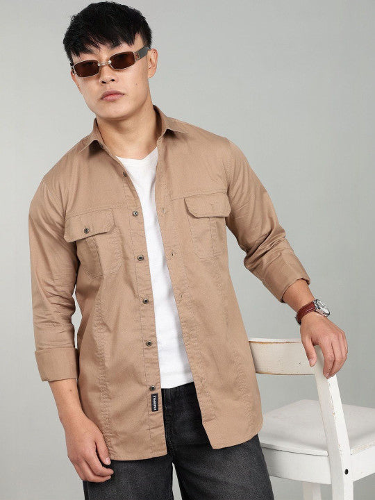 Men’s Khaki Utility Casual Shirt – Premium Full Sleeve Cotton Blend Shirt